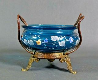 Antique Bohemian Moser Enamel Paint Glass Open Salt Dip Pot Bowl Ormolu Stand