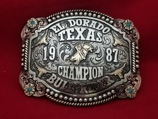 1987 Rodeo Trophy Belt Buckle El Dorado Texas Bull Riding Champion Vintage 337