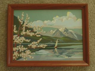 Vintage Paint By Number Framed W/ Glass Picture Mountains Sailboat Lake 16 " X12 "