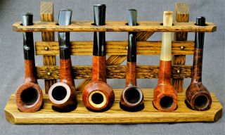 6 Pipe Wood Gate Stand &6 Named French Briar Pipes,  3 Bent,  3 Straight