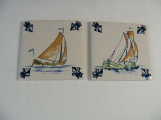 (2) Vintage Klm Business Class Delft Blue Sailboats Tile Coasters Dutch (a)