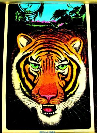 Flocked Velvet Vintage 1975 Bengal Tiger Blacklight Poster