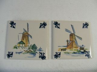 (2) Vintage Klm Business Class Delft Blue Windmill Tile Coasters Dutch (c)
