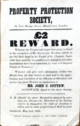 1859 Interesting Reward Poster Property Protection Soc,  Sandwich,  Kent