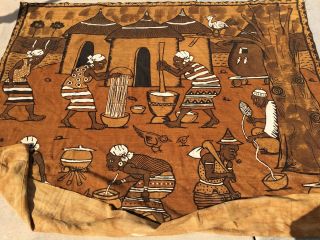 African Huge Mud Cloth Painting Textile Wall Hanging Sepia & Black Village Scene