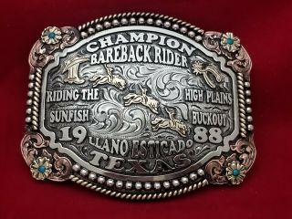 1988 Rodeo Trophy Belt Buckle Llano Esticado Texas Bronc Ridr Champion Vintae336