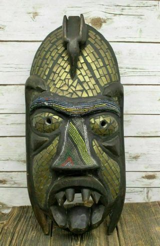Vintage Ashanti African Hand Carved Wood Metal Beaded Ceremonial Mask Ghana
