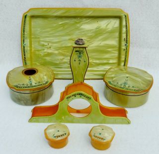 Antique/vtg 7pc Green Bakelite Celluloid Rhinestone Dresser Vanity Set Tray Box