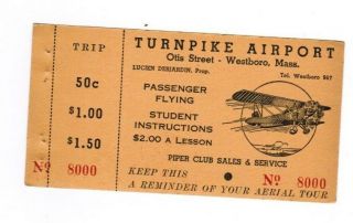 Vintage Old Airplane Biplane Ticket Pass Turnpike Airport Westboro Massachusetts