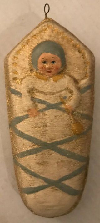 Antique Vintage Double Sided Swaddled Baby W Rattle Paper Christmas Ornament