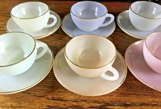 Complete Set Of 6 Vintage 1960s Arcopal Pastel Opal Lustreware Cups & Saucers