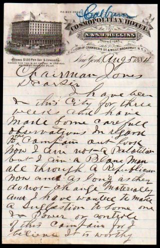 1884 Cosmopolitan Hotel - Blaine Presidential Campaign - York - Letter Head