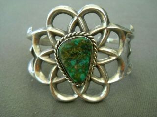 Native American Indian Green Turquoise Sterling Silver Sand Cast Cuff Bracelet
