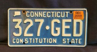 Connecticut License Plate 327 - Ged " Constitution State " 2000 White On Blue