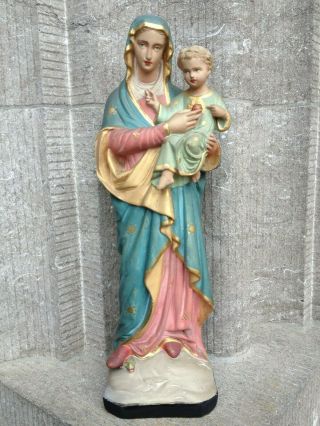 Antique Plaster Notre Dame Du Sacre Coeur Madonna Child Baby Jesus Altar Statue