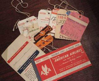 Bunch Of Luggage Tags From United And Eastern Airlines; Boarding Pass American