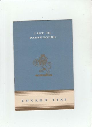 September 14,  1951 Cunard White Star Lines List Of Passengers Booklet