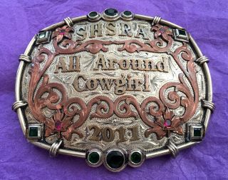 Vtg 14 Gem 2011 Shsra All Around Cowgirl Silver Bronze Usher Rodeo Trophy Buckle