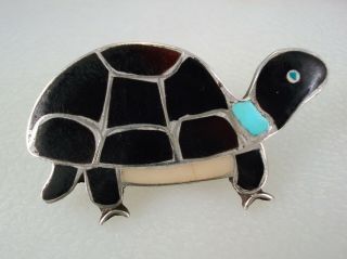Rare Old Nora Leekity Zuni Sterling Silver & Mosaic Inlay Turtle Pin Book Piece