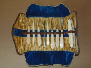 Vintage/antique Celluloid manicure set in ostrich leather roll case Early 1900 ' s 3