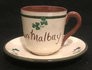 Vintage Irish Carrig Ware Demitasse Cup And Saucer Shamrocks Beige,  Brown,  Green