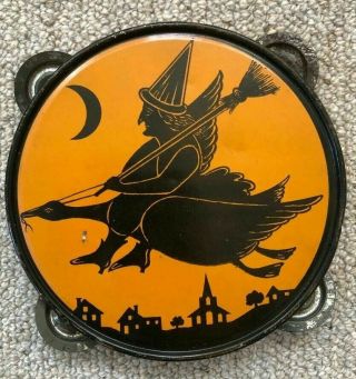 Scarce 1920s Chein Tin Halloween Tamborine W/ Decorated Rim