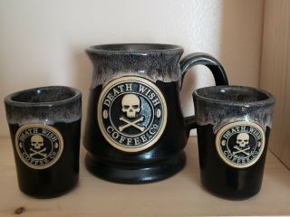 2014 Death Wish Coffee Skull And Crossbone Mug And 2 Shot Glasses