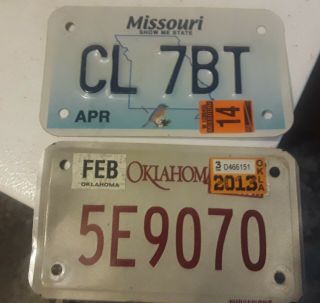 2 Motorcycle License Plates Metal Missouri 2014 & Oklahoma 2013