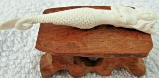 Hand Carved Scrimshaw Statue Of A Siren / Mermaid With Carved Wood Stand
