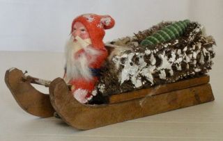 Charming Antque German Sm.  Paper Mache Santa In Faux Moss Sleigh - 6 1/4 " Length