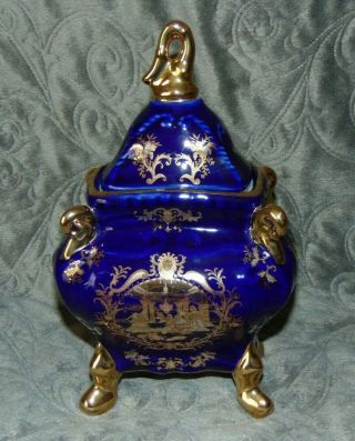 Chinese Porcelain Cobalt Blue & Gold Trimmed Jar/urn With Lid 10.  5 " Tall