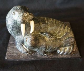 Vintage Canada Soapstone Hand Carved Walrus And Calf Sculpture By Wolf Sculpture