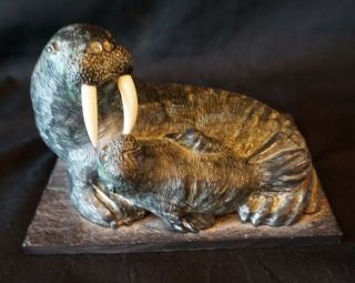 Vintage Canada Soapstone Hand Carved Walrus and Calf Sculpture by Wolf Sculpture 2