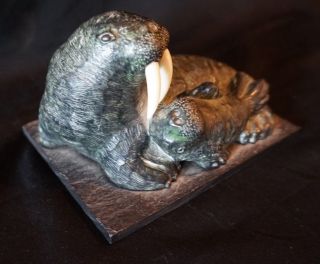 Vintage Canada Soapstone Hand Carved Walrus and Calf Sculpture by Wolf Sculpture 3