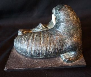 Vintage Canada Soapstone Hand Carved Walrus and Calf Sculpture by Wolf Sculpture 4