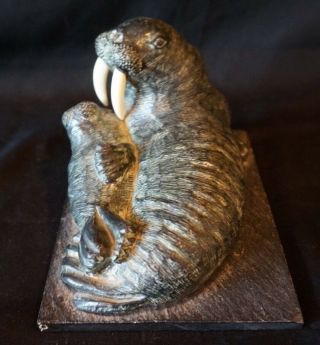 Vintage Canada Soapstone Hand Carved Walrus and Calf Sculpture by Wolf Sculpture 5