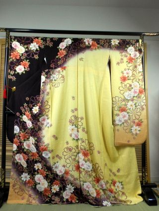 Japanese Kimono Silk " Furisode " Long Sleeves,  Cosmos,  Rare.  L 66.  5 ".  542