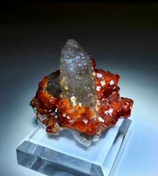 - Red Spessartine Garnets W/smokey Quartz Crystals,  Mine China