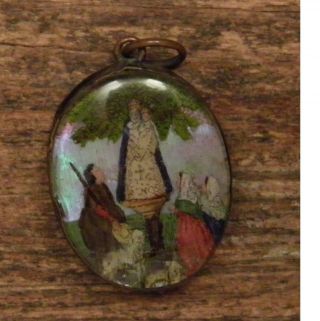 Antique Religious Medal Pendant Hand Painted Miniature Our Lady Of Montaigu And.