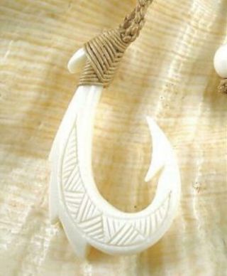 30.  5mm Hand Carved Hawaiian Water Buffalo Bone Makau Shark Fish Hook Necklace 3