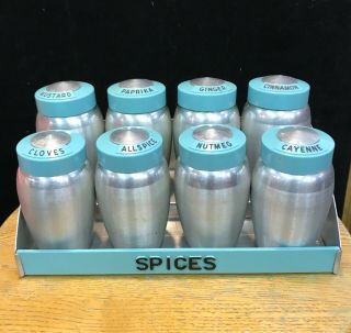 Vintage Kromex Spun Aluminum Spice Set Aqua Turquoise Lids 9 Piece Set