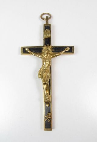 Vintage Ebony Brass Nun Priest Large Crucifix Religious Skull Crossbones 4.  25 "