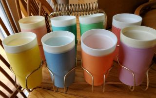 Vintage Bolero Therm - O - Ware Tumblers Set 8 With Metal Carrier Retro Good Cond.