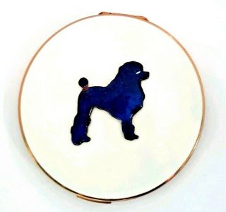 Vintage Stratton White Enamel Powder Compact With Blue Guilloche Poodle Dog Lid.