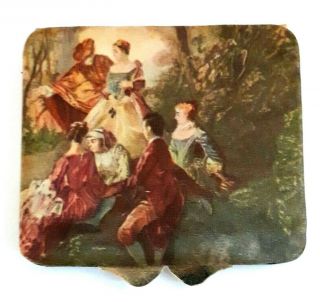 Vintage French Silk Encased Powder Compact With 18th Century Painting Transfer.