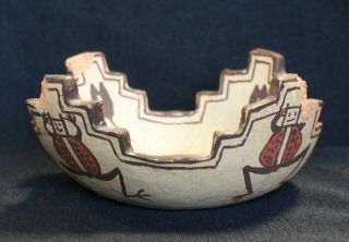 Antique Zuni Indian Pueblo Ceremonial Kiva Pottery Stepped Bowl Frogs & Tadpoles