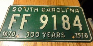 1970 South Carolina Auto License Plate Tag Ff 9184,  300 Years