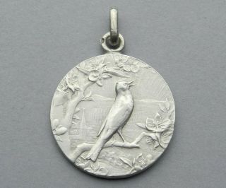 French,  Antique Religious Silver Pendant.  Saint Cecilia.  Bird Magpie.  By Vernon.