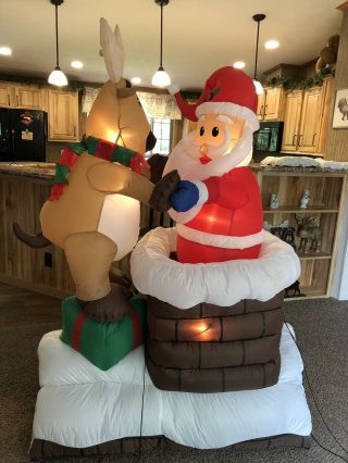 Gemmy Airblown Inflatable Reindeer Helping Santa Chimney Christmas Animated
