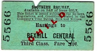 Railway Ticket: S.  R.  Hastings To Bexhill Central 1931